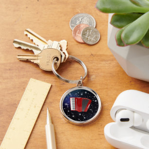 Red Accordion on Night Sky Magnet Keychain