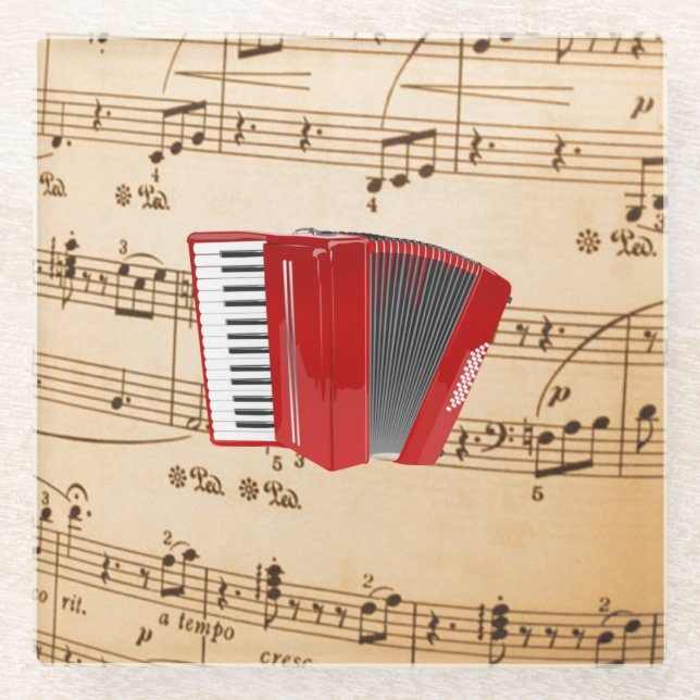 Red Accordion, popular design, Glass Coaster (Front)