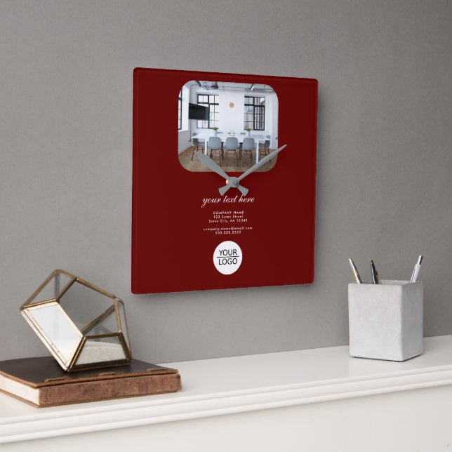 Red Add Logo Custom Text Promotion Company Photo  Square Wall Clock (Office)