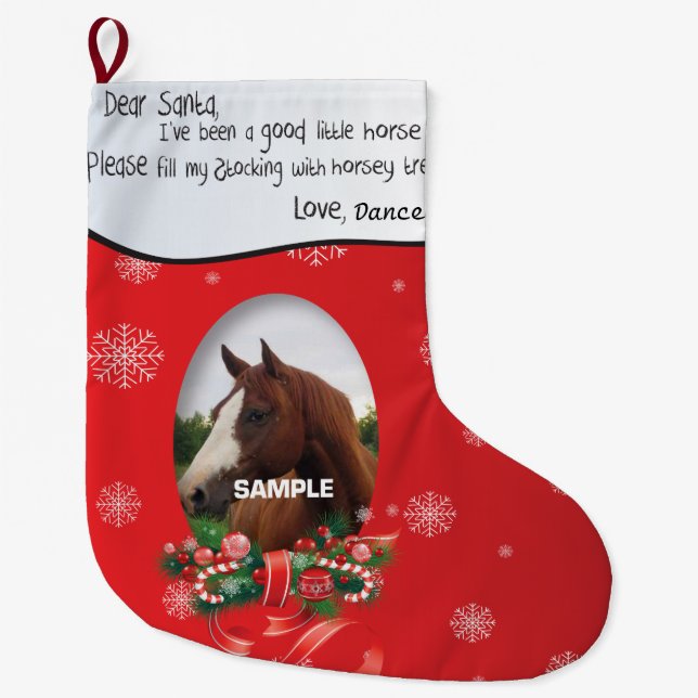 Red ADD YOUR HORSE Photo and Name Dear Santa Large Christmas Stocking (Front)