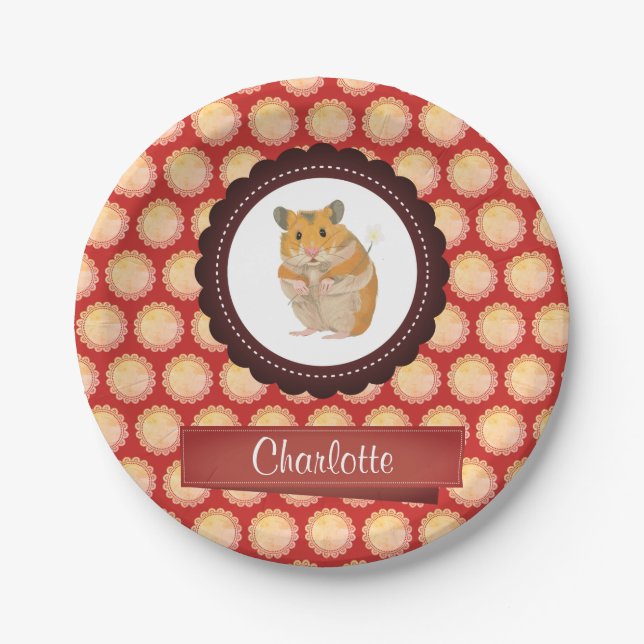 Red Add Your Name Hamster Paper Plate (Front)
