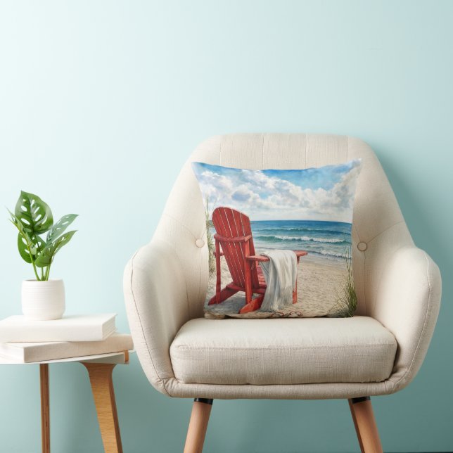 Red Adirondack Beach Chair with Flip-flops Throw Pillow (Chair)