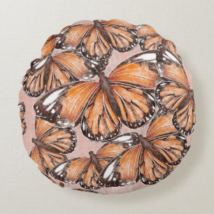 Red Admiral Butterflies Pink Background Round Pillow
