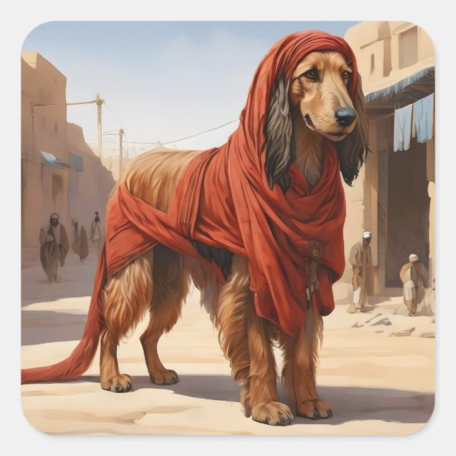 red afghan hound in ancient city square sticker (Front)