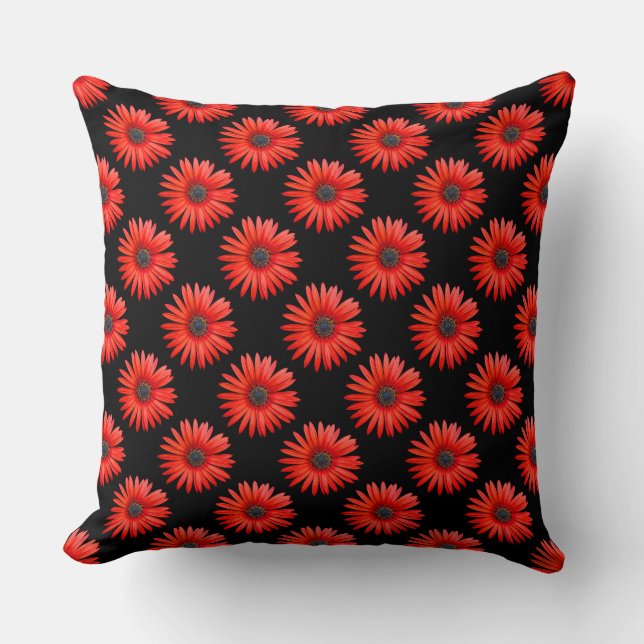 Red African Daisy Pattern on Black Throw Pillow (Front)
