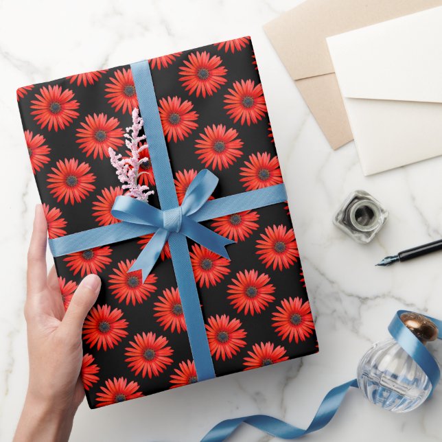 Red African Daisy Pattern on Black Wrapping Paper (Gifting)