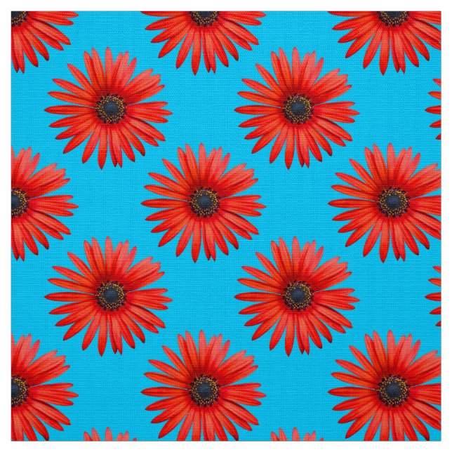 Red African Daisy Pattern on Sky Blue Fabric (Swatch)