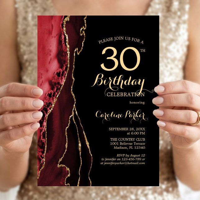 Red Agate Gold Black 30th Birthday Invitation (Creator Uploaded)