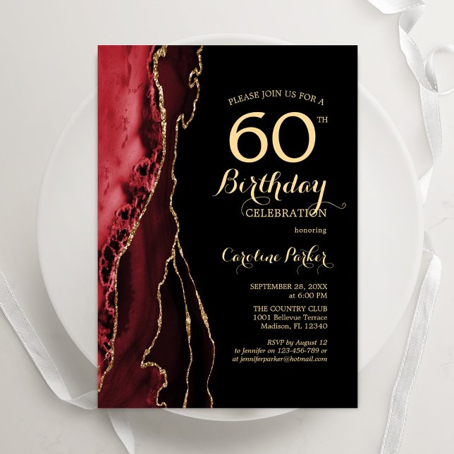 Red Agate Gold Black 60th Birthday Invitation (Creator Uploaded)