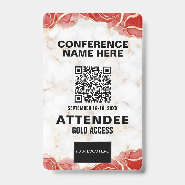 Red Agate Gold Marble QR Code Conference Event Badge (Front)
