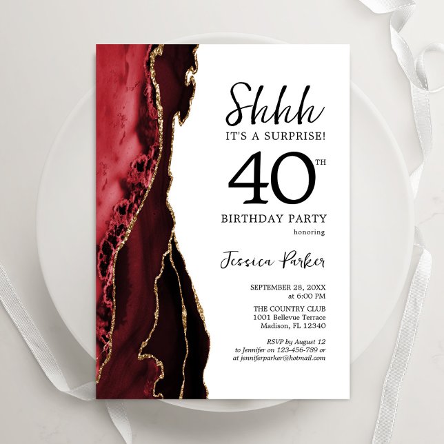 Red Agate Gold White Surprise 40th Birthday Invitation (Creator Uploaded)