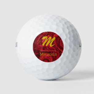 Red Agate Marble gold Monogram personalized Golf Balls