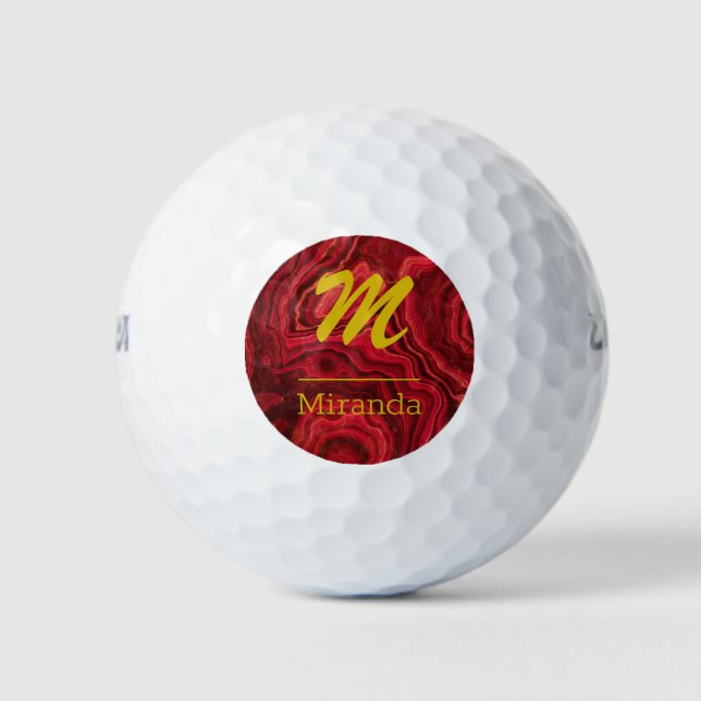 Red Agate Marble gold Monogram personalized Golf Balls (Front)