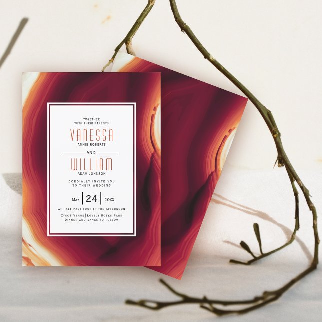 Red agate slice and frame fall wedding invitation (Creator Uploaded)