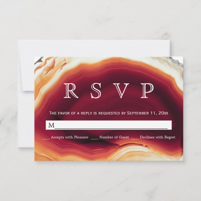 Red agate slice geode autumn colours wedding RSVP Card (Front)