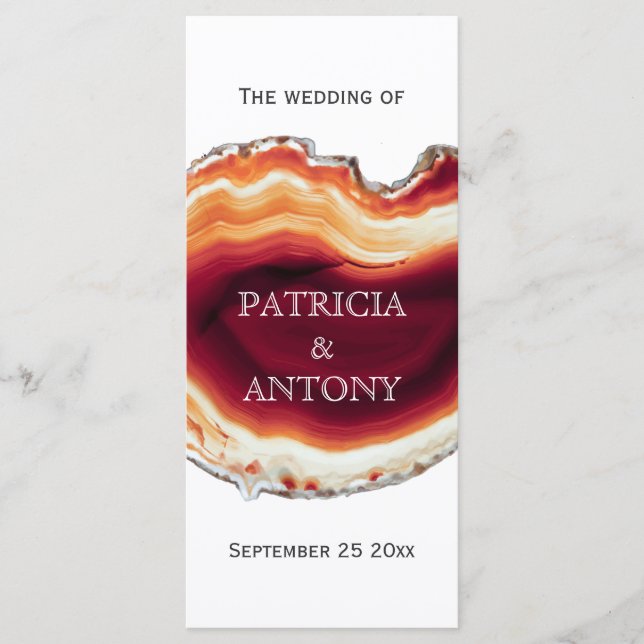 Red agate slice, geode modern fall wedding program (Front)