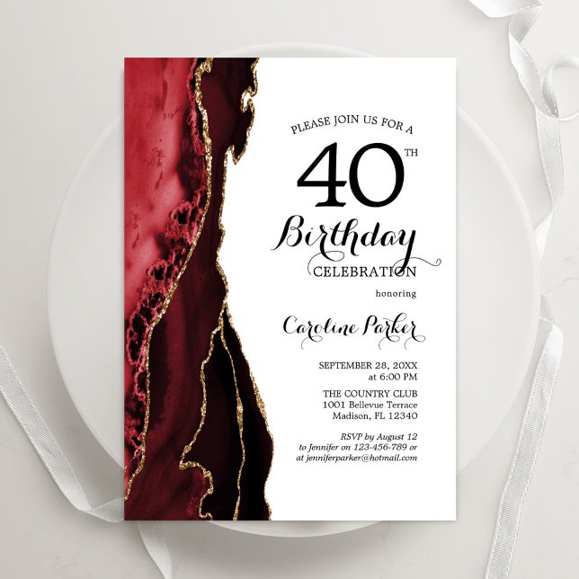 Red Agate White Gold 40th Birthday Invitation (Creator Uploaded)