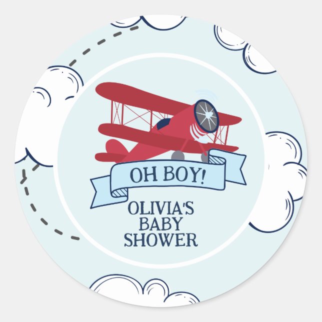 Red Airplane Baby Shower Classic Round Sticker (Front)