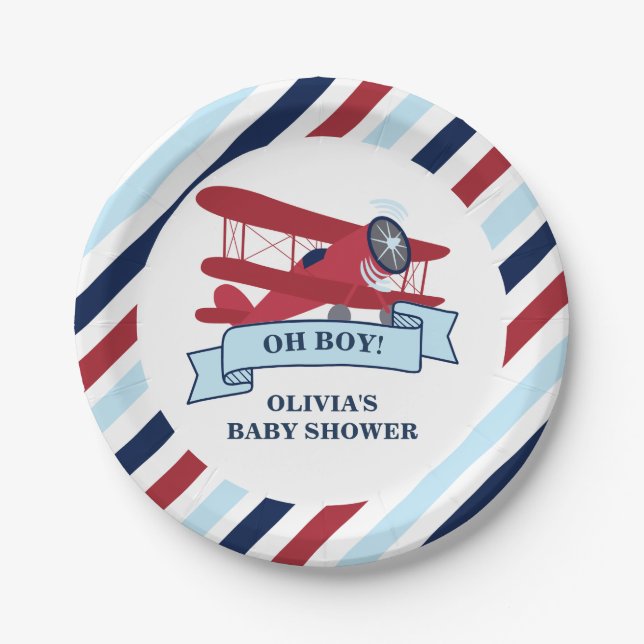 Red Airplane Baby Shower Paper Plate (Front)