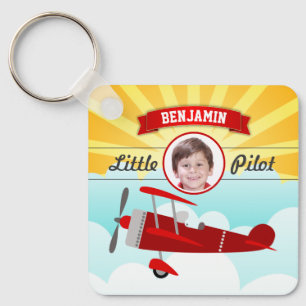 Red Airplane Little Pilot Name Photo Kids Room Keychain