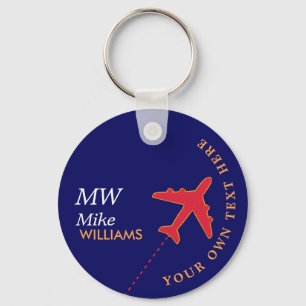 red airplane on blue keychain with name