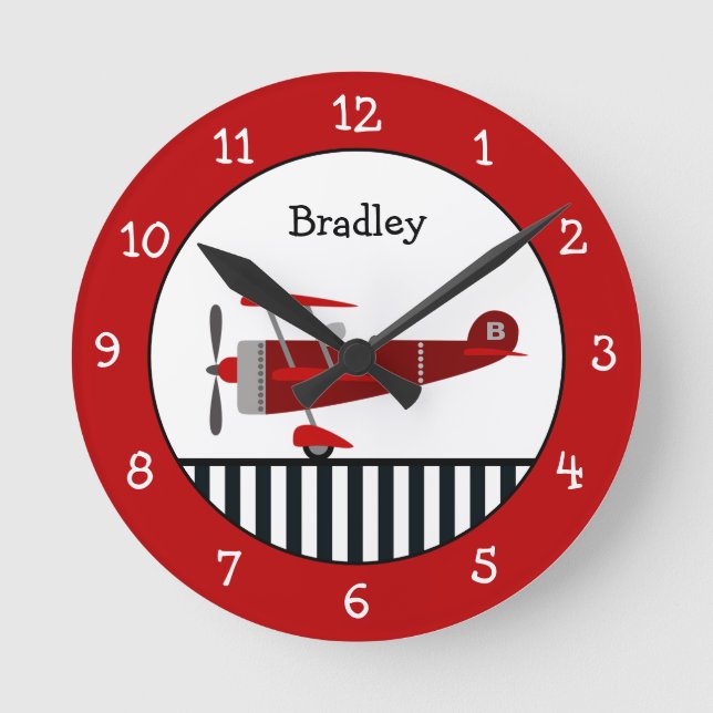 Red Airplane Personalized Round Clock (Front)
