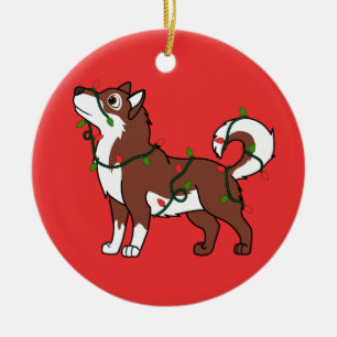 Red Alaskan Malamute with Christmas Lights Ceramic Ornament