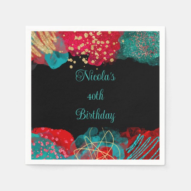 Red Alcohol Ink Birthday Party Napkin (Front)