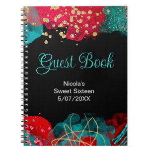 Red Alcohol Ink Sweet 16 Birthday Party Guest Book