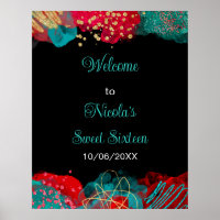 Red Alcohol Ink Sweet 16 Birthday Party Welcome