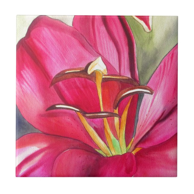Red Alert Lily watercolor art flower painting Tile (Front)