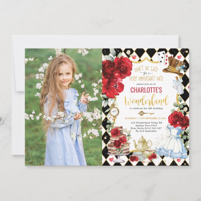 Red Alice in Wonderland Mad Hatter Birthday Tea Invitation (Front)