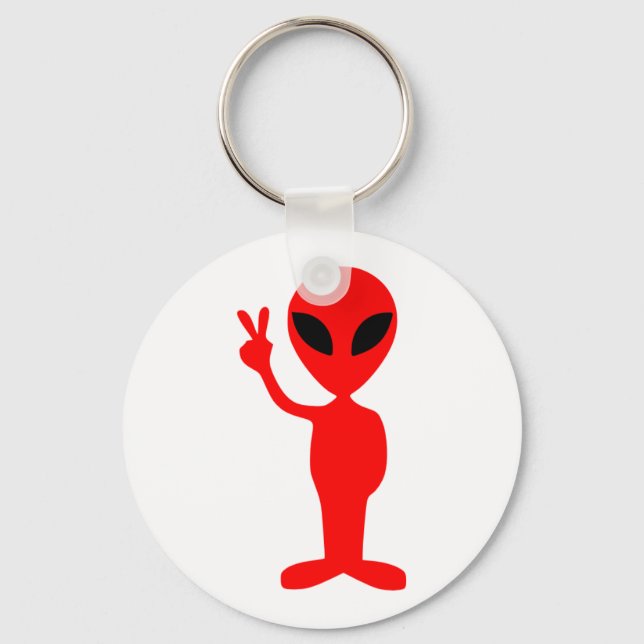 Red Alien Gesturing Peace Sign with Hand Keychain (Front)