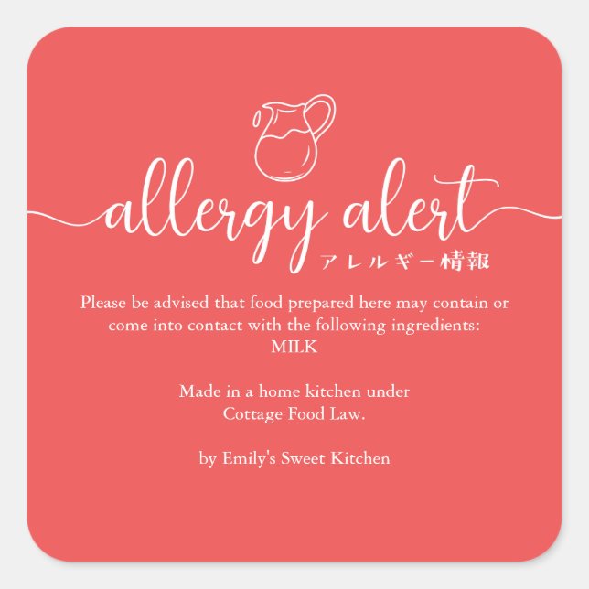 Red Allergy Alert Warning Milk Minimalist Square Sticker (Front)