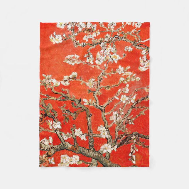 Red Almond Blossoms Vincent Van Gogh Fleece Blanket (Front)