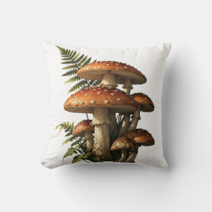 Red Amanita Mushrooms with Fern Botanical Throw Pillow