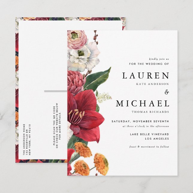 Red Amaryllis and Autumn Floral QR Code Wedding Invitation Postcard (Front/Back)