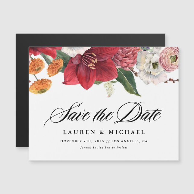 Red Amaryllis and Autumn Flowers Save the Date Magnetic Invitation (Front/Back)