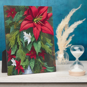 Red Amaryllis and Poinsettia with pine Bouquet  Plaque
