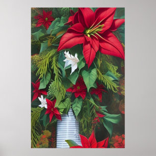 Red Amaryllis and Poinsettia with pine Bouquet   Poster