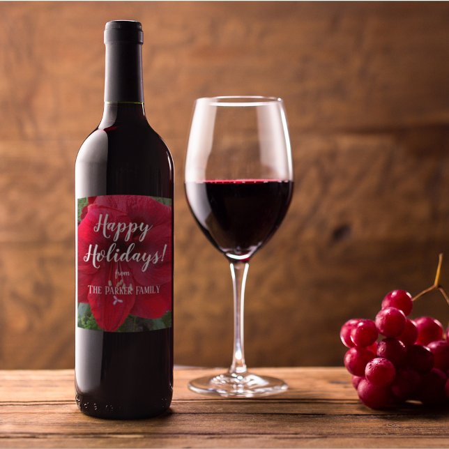 Red Amaryllis Bloom Personalized Holiday Wine Label (In Situ)