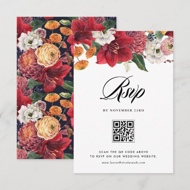 Red Amaryllis Botanical Winter Wedding QR Code RSVP Card (Front/Back)