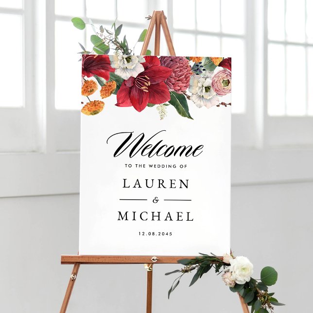 Red Amaryllis Botanical Winter Wedding Welcome Poster (Creator Uploaded)