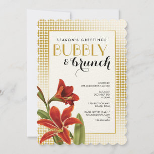 Red Amaryllis Flower Checked Gold Invitation