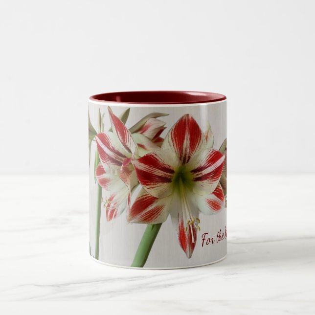Red amaryllis flower mug with custom text (Center)