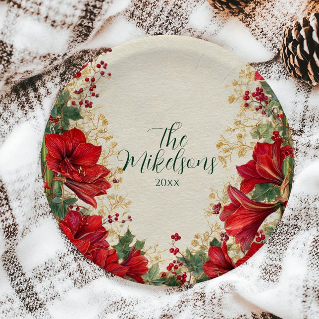 Red Amaryllis Rustic Holiday Christmas Paper Plate (Creator Uploaded)