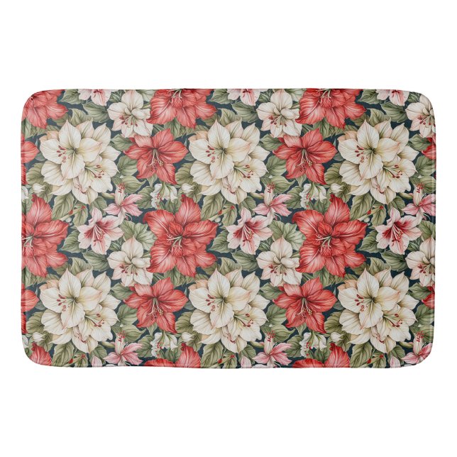 Red Amaryllis & White Azalea Christmas Bath Mat (Front)