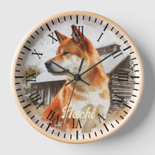 Red American Akita Dog Rustic Farm Portrait Clock