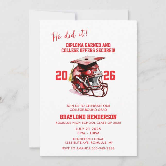 Red American Football Graduation Party Invitation (Front)