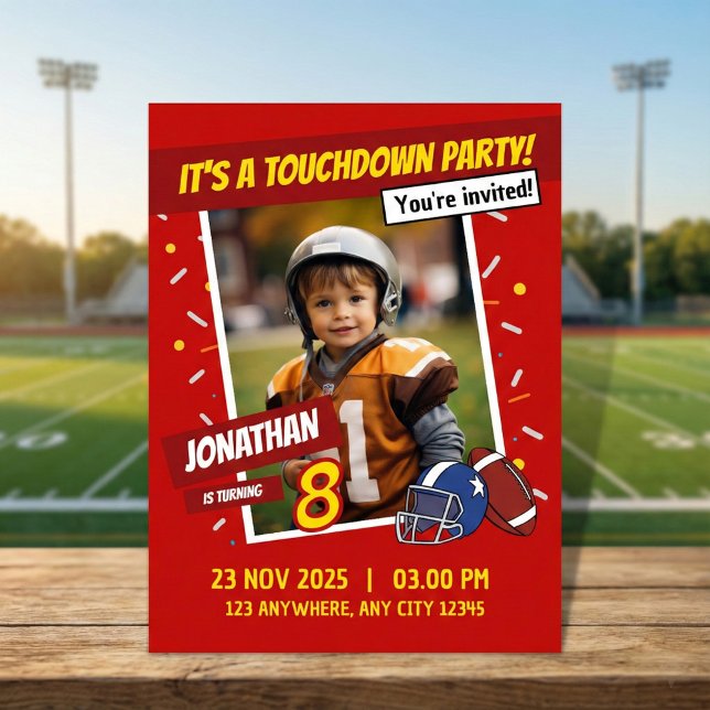 Red American Football Touchdown Kids Birthday Invitation (Creator Uploaded)